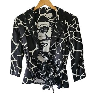 Alberto Makali 100% Silk Black White Zebra Giraffe Print Tie Front Blazer, Sz 12